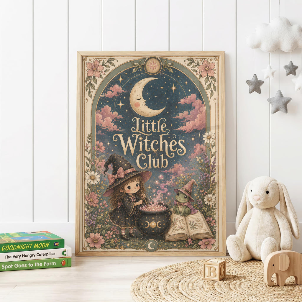 Little Witches Club children's wall print featuring a little witch and frog beside a bubbling cauldron and magical book, surrounded by pink flowers, stars, clouds and a crescent moon on a deep teal background.