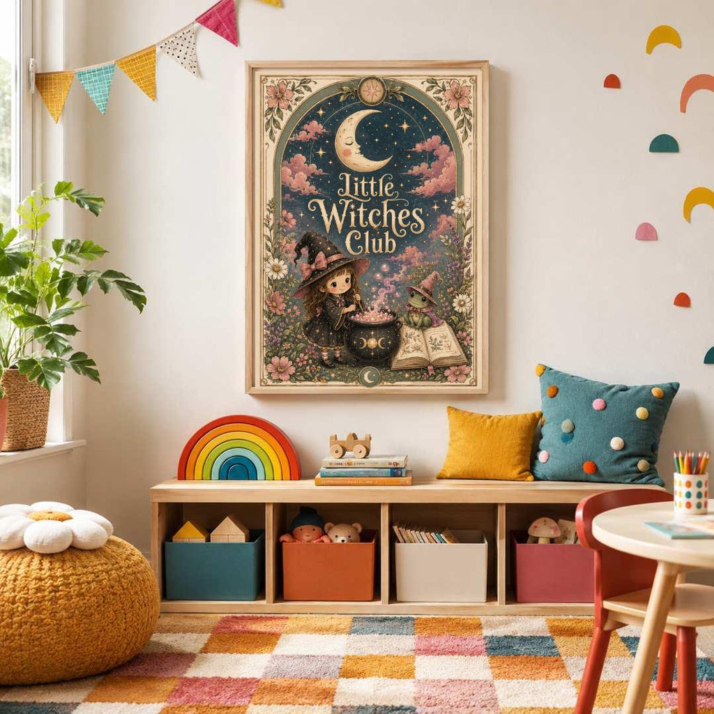 Little Witches Club Nursery Print, Witch Girl Wall Art, Magical Kids Room Decor, Pink Floral Celestial Print, A4 A3