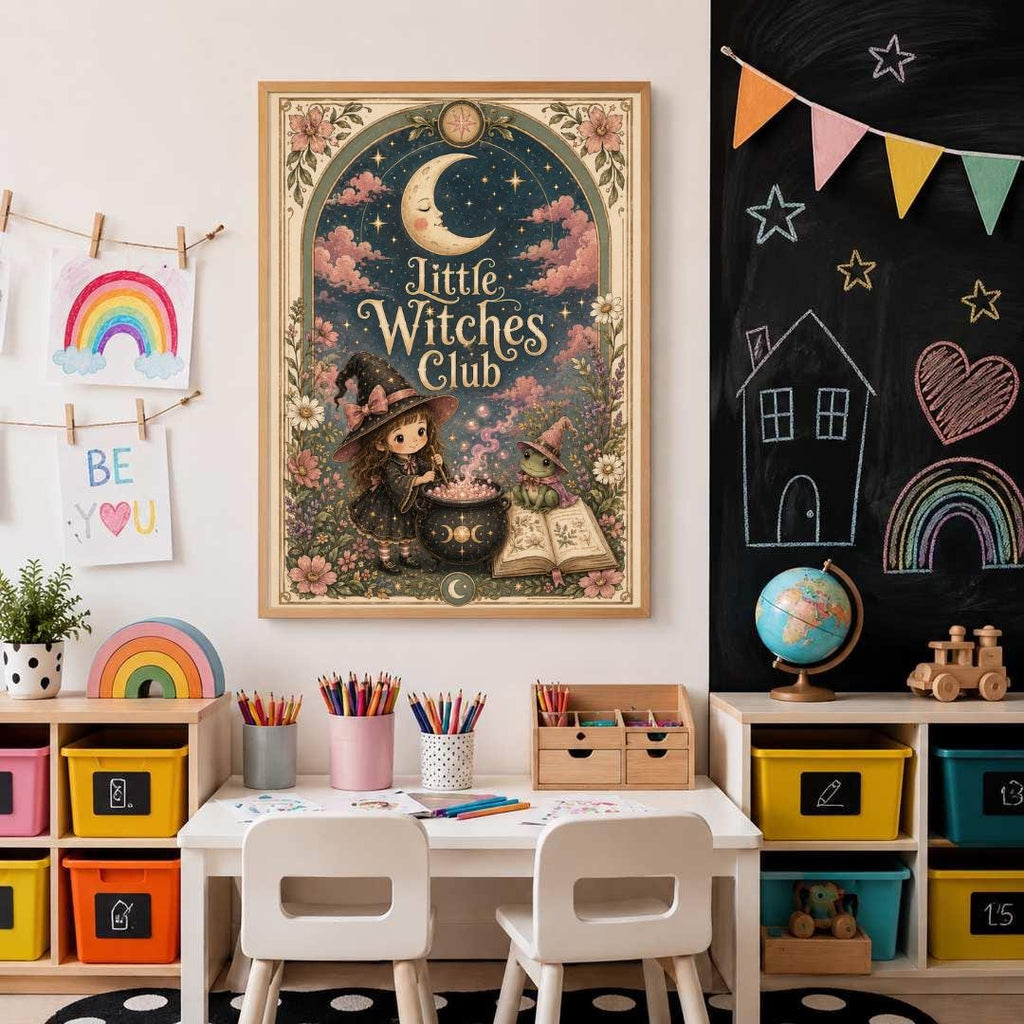 Little Witches Club Nursery Print, Witch Girl Wall Art, Magical Kids Room Decor, Pink Floral Celestial Print, A4 A3