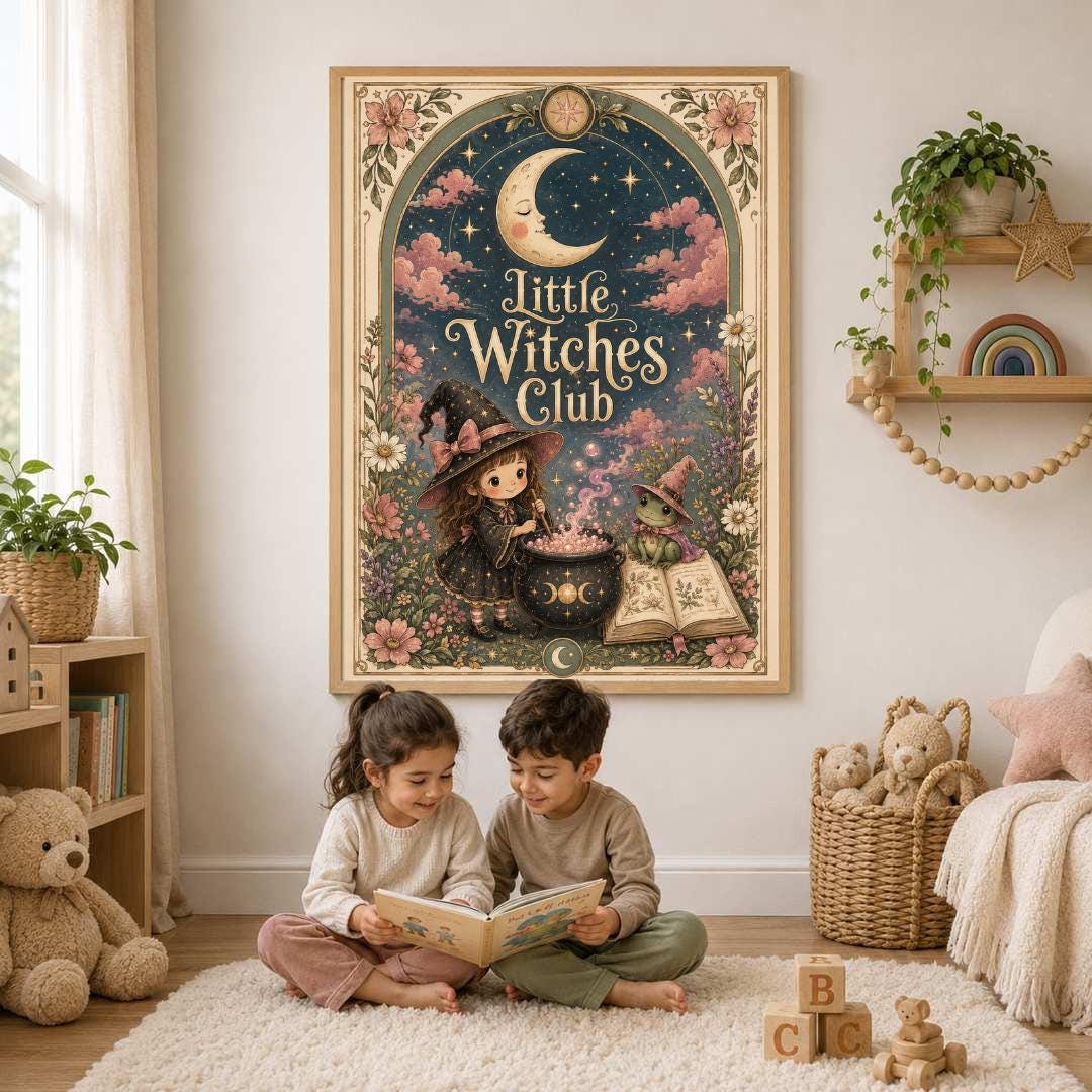 Little Witches Club Nursery Print, Witch Girl Wall Art, Magical Kids Room Decor, Pink Floral Celestial Print, A4 A3