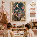 Little Witches Club Nursery Print, Witch Girl Wall Art, Magical Kids Room Decor, Pink Floral Celestial Print, A4 A3