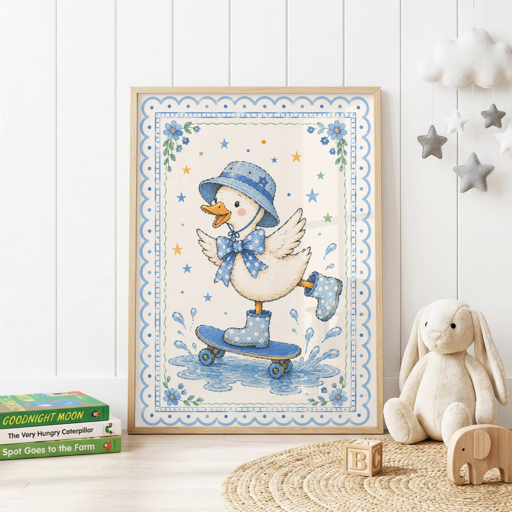 Blue children's nursery wall print featuring a cute illustrated duck wearing a blue polka dot hat, bow tie and wellies while riding a skateboard through water, surrounded by stars, flowers and a decorative blue border.