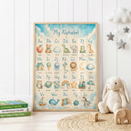 Blue educational alphabet nursery print featuring uppercase and lowercase letters A to Z with illustrated animals and objects, set against a soft blue and cream background with clouds, stars and a crescent moon.