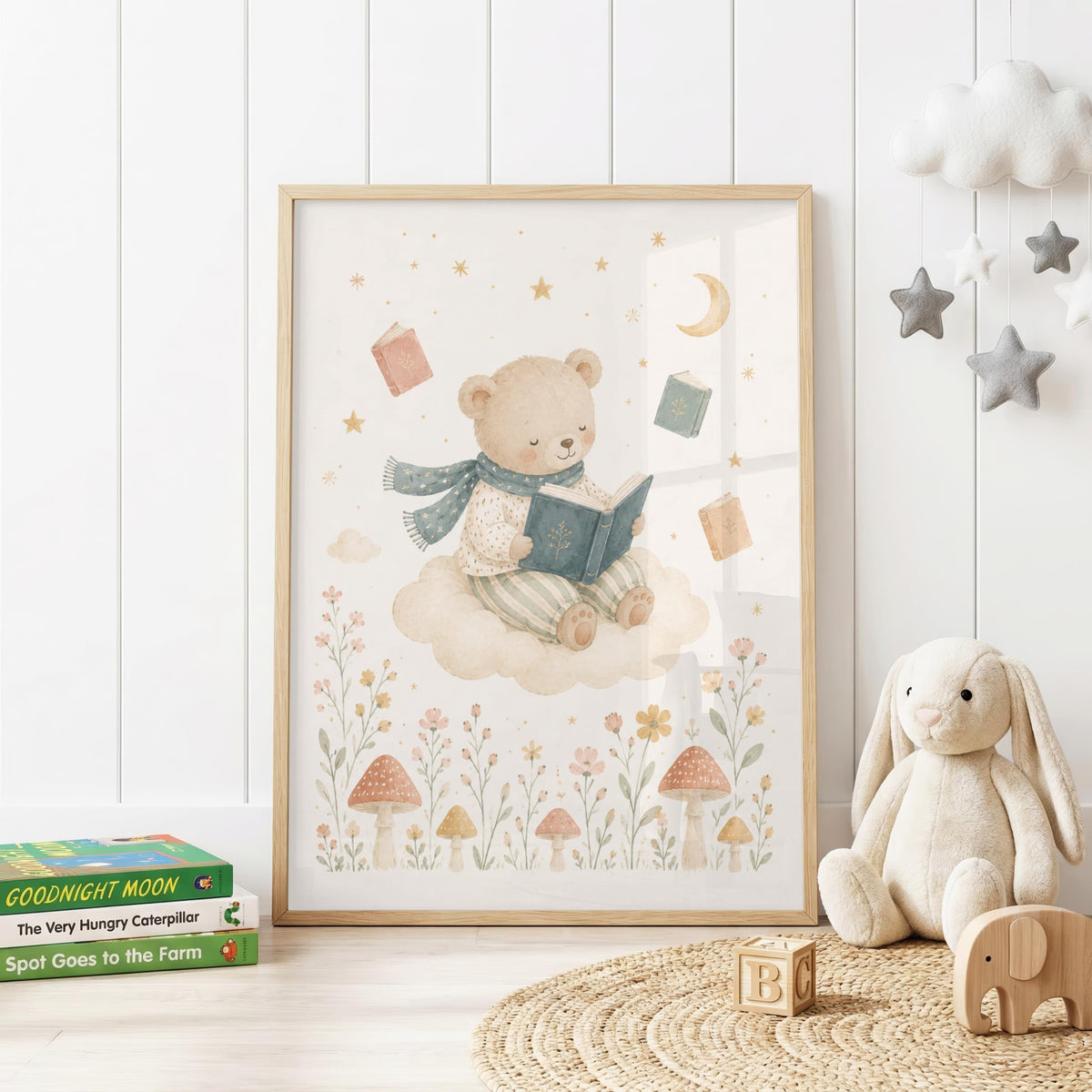 Neutral nursery wall print featuring a cute teddy bear reading a book while sitting on a cloud, surrounded by floating books, flowers, mushrooms, golden stars and a crescent moon.