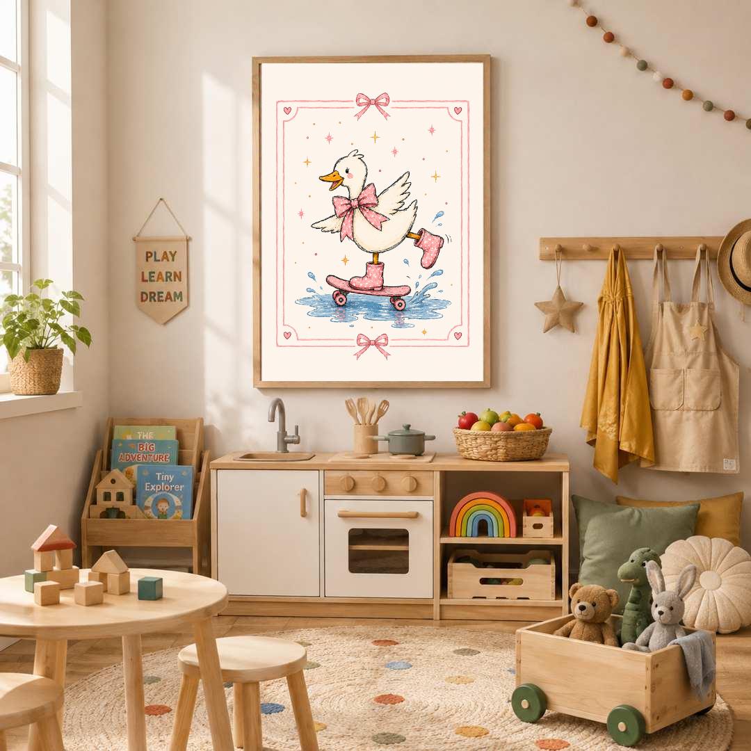 Pink Duck Nursery Print, Skateboarding Duck Wall Art, Girls Bedroom Decor, Bow Nursery Art, Cute Animal Print, A4 A3