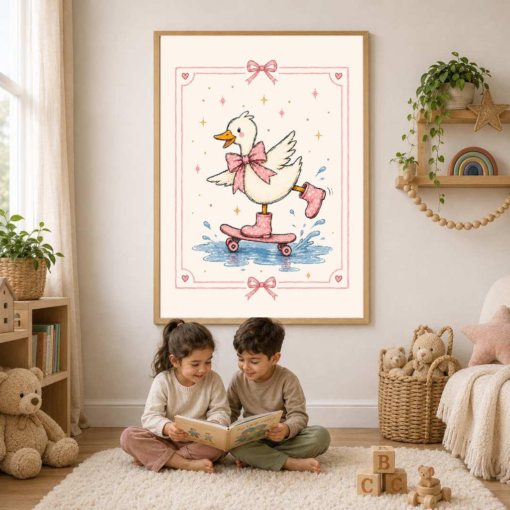 Pink Duck Nursery Print, Skateboarding Duck Wall Art, Girls Bedroom Decor, Bow Nursery Art, Cute Animal Print, A4 A3