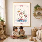 Pink Duck Nursery Print, Skateboarding Duck Wall Art, Girls Bedroom Decor, Bow Nursery Art, Cute Animal Print, A4 A3