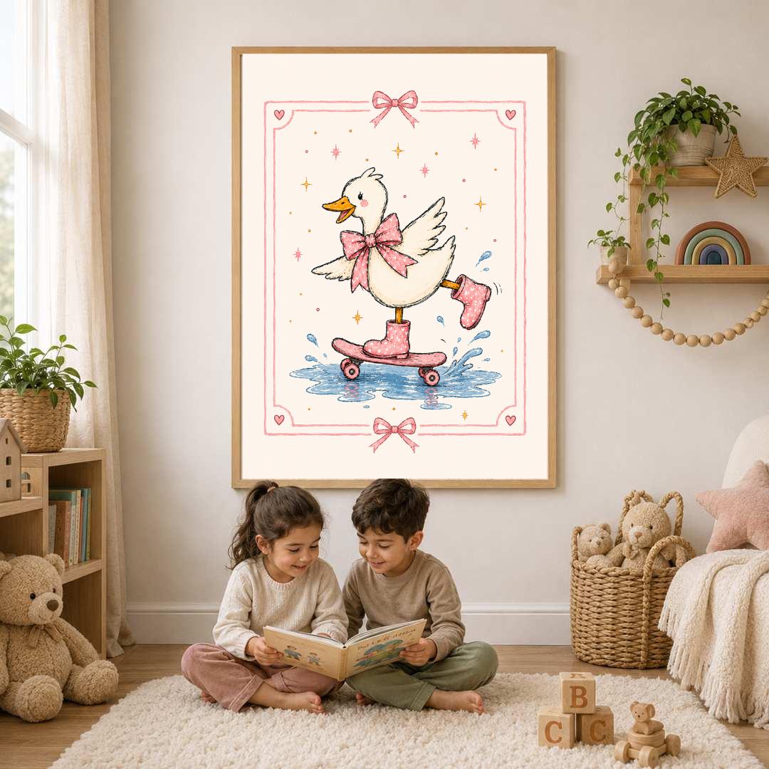 Pink Duck Nursery Print, Skateboarding Duck Wall Art, Girls Bedroom Decor, Bow Nursery Art, Cute Animal Print, A4 A3