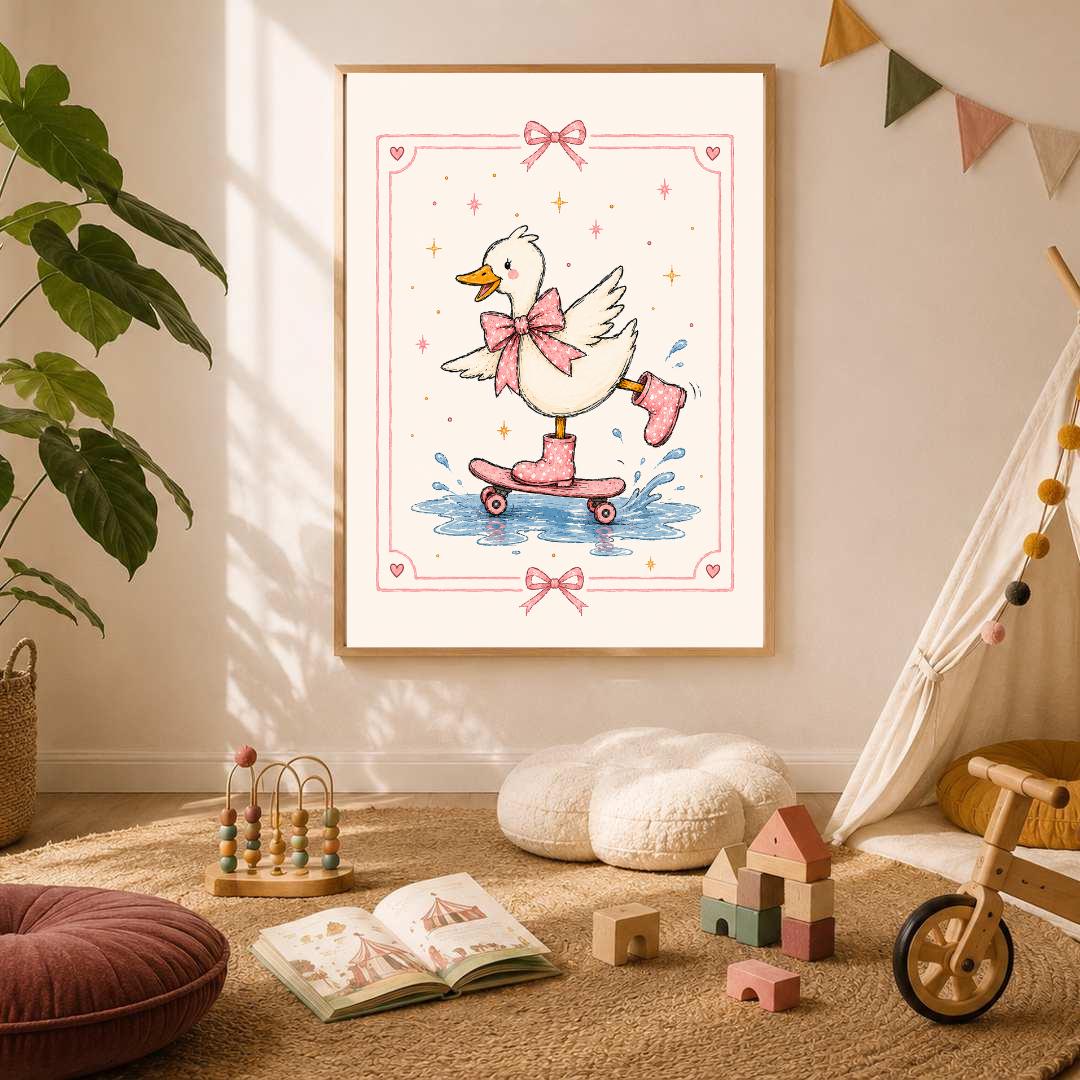 Pink Duck Nursery Print, Skateboarding Duck Wall Art, Girls Bedroom Decor, Bow Nursery Art, Cute Animal Print, A4 A3