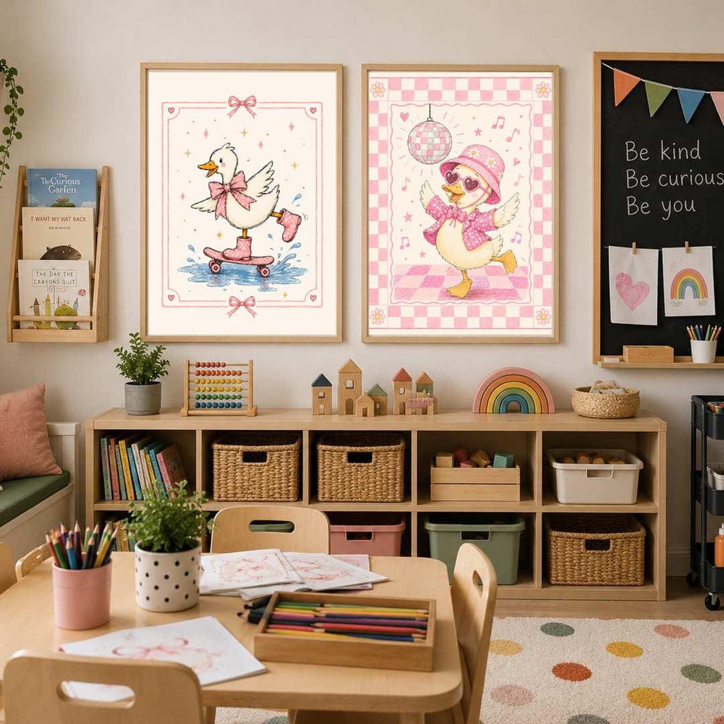 Pink Duck Nursery Print, Skateboarding Duck Wall Art, Girls Bedroom Decor, Bow Nursery Art, Cute Animal Print, A4 A3