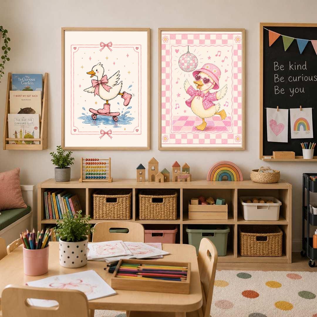 Pink Duck Nursery Print, Skateboarding Duck Wall Art, Girls Bedroom Decor, Bow Nursery Art, Cute Animal Print, A4 A3
