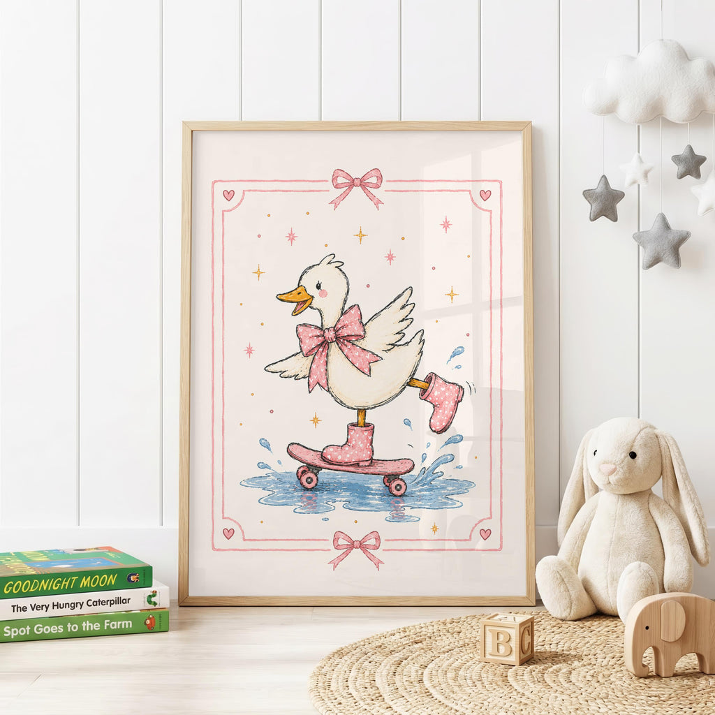 Pink children's nursery wall print featuring a cute illustrated duck wearing a large pink bow and polka dot wellies while riding a skateboard through water, surrounded by stars, hearts and a decorative bow border.