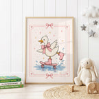Pink children's nursery wall print featuring a cute illustrated duck wearing a large pink bow and polka dot wellies while riding a skateboard through water, surrounded by stars, hearts and a decorative bow border.