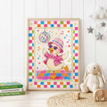 Colourful disco duck children's wall print featuring a dancing duck wearing a pink hat, heart-shaped sunglasses and sparkling jacket beneath a disco ball, surrounded by musical notes, stars and a bright checkerboard border.