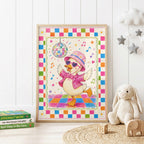 Colourful disco duck children's wall print featuring a dancing duck wearing a pink hat, heart-shaped sunglasses and sparkling jacket beneath a disco ball, surrounded by musical notes, stars and a bright checkerboard border.