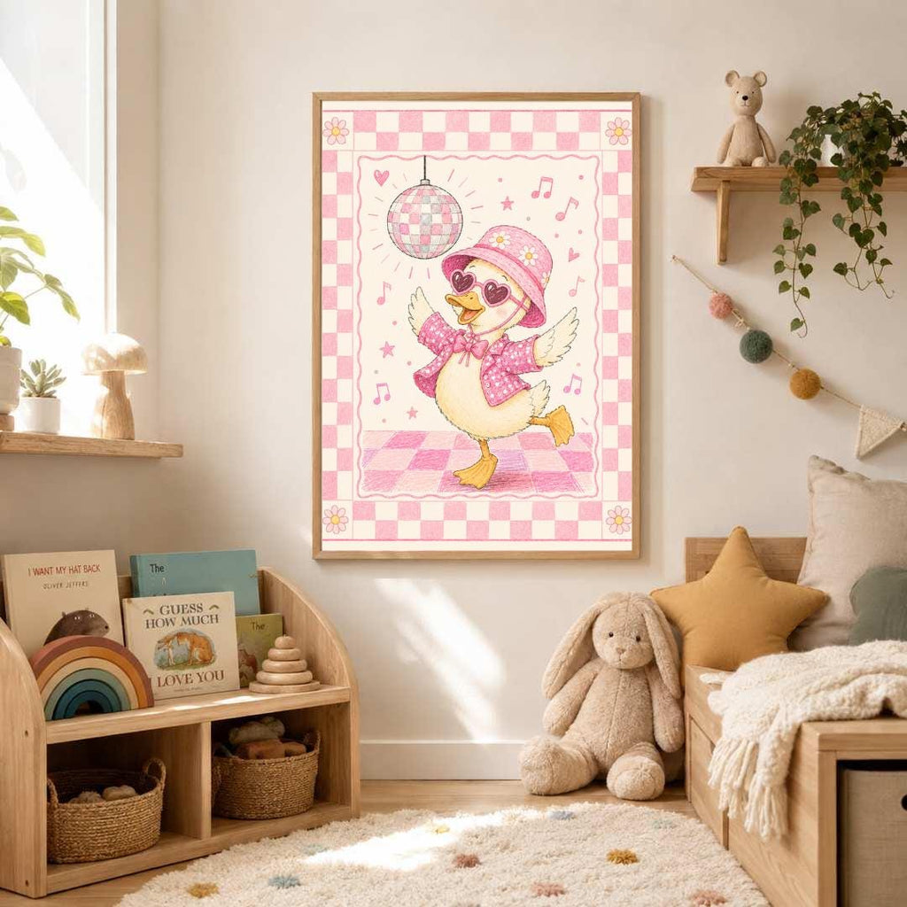 Pink Disco Duck Nursery Print, Dancing Duck Wall Art, Girls Bedroom Decor, Groovy Kids Room Print, A4 A3
