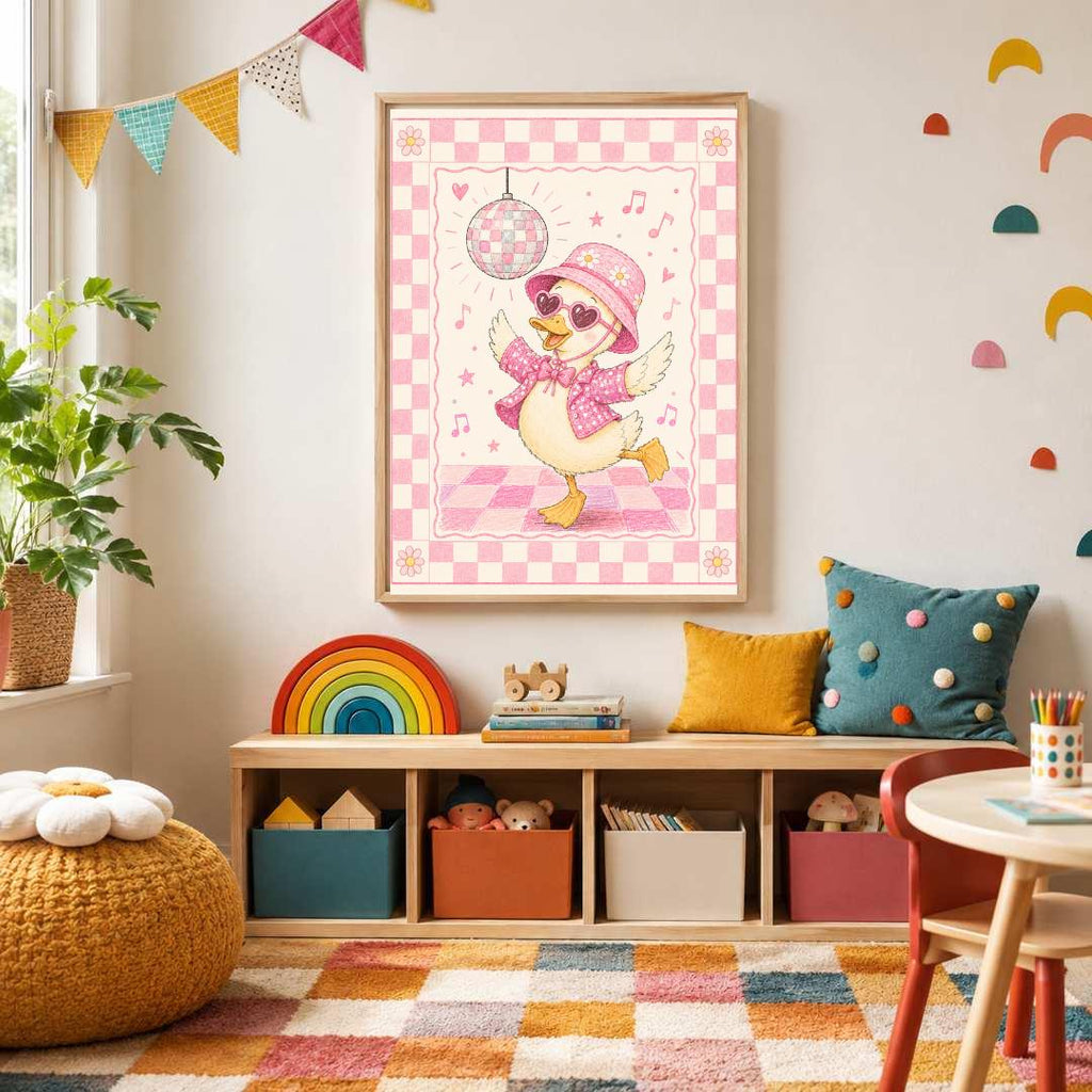 Pink Disco Duck Nursery Print, Dancing Duck Wall Art, Girls Bedroom Decor, Groovy Kids Room Print, A4 A3