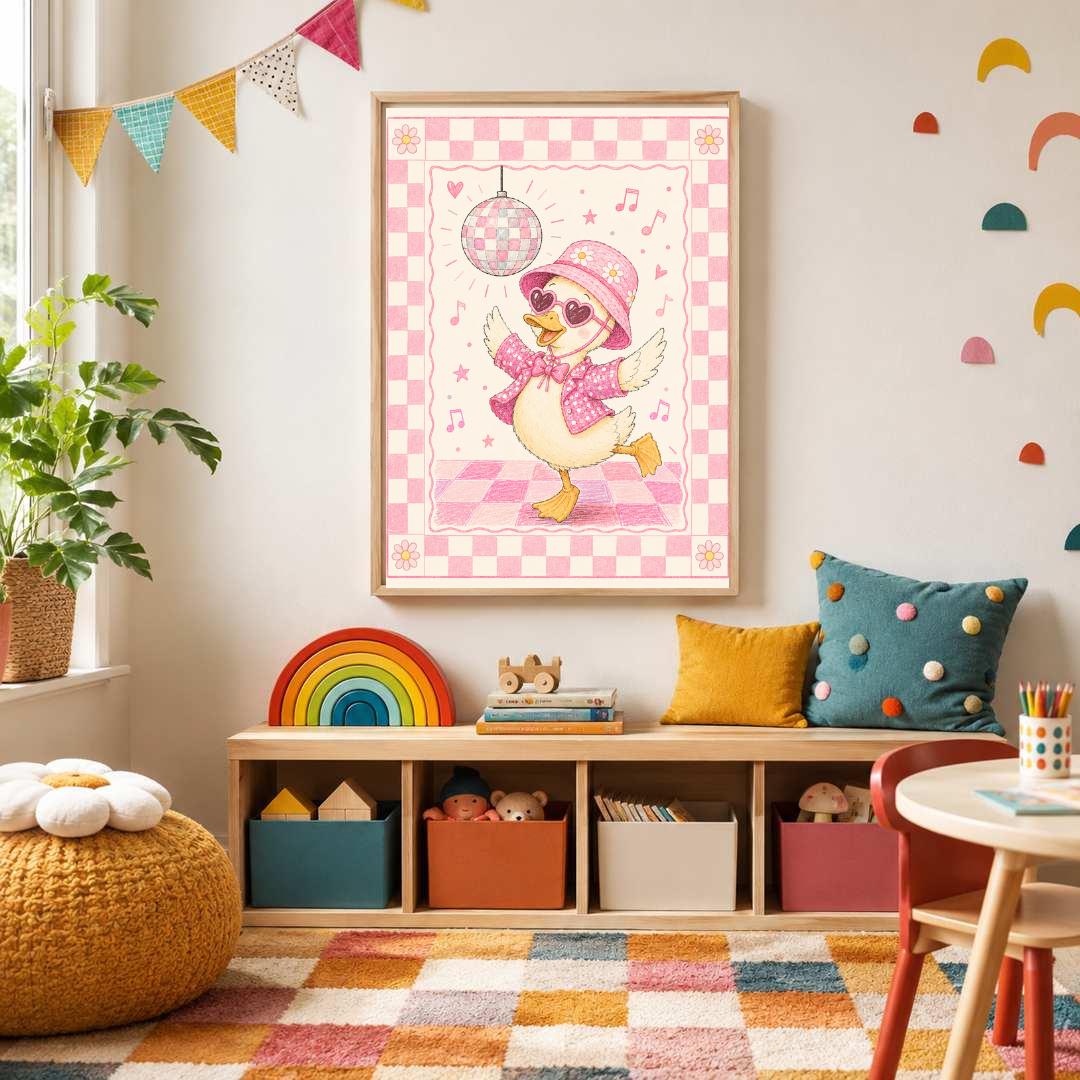 Pink Disco Duck Nursery Print, Dancing Duck Wall Art, Girls Bedroom Decor, Groovy Kids Room Print, A4 A3
