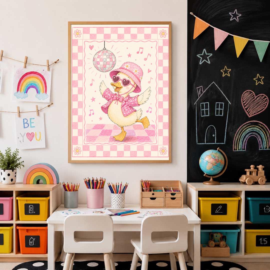 Pink Disco Duck Nursery Print, Dancing Duck Wall Art, Girls Bedroom Decor, Groovy Kids Room Print, A4 A3