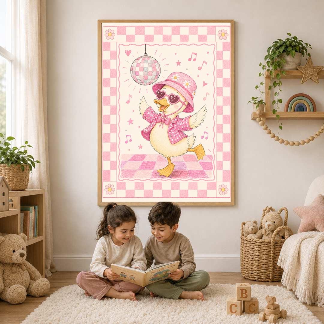 Pink Disco Duck Nursery Print, Dancing Duck Wall Art, Girls Bedroom Decor, Groovy Kids Room Print, A4 A3