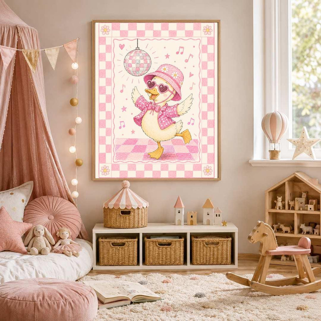 Pink Disco Duck Nursery Print, Dancing Duck Wall Art, Girls Bedroom Decor, Groovy Kids Room Print, A4 A3