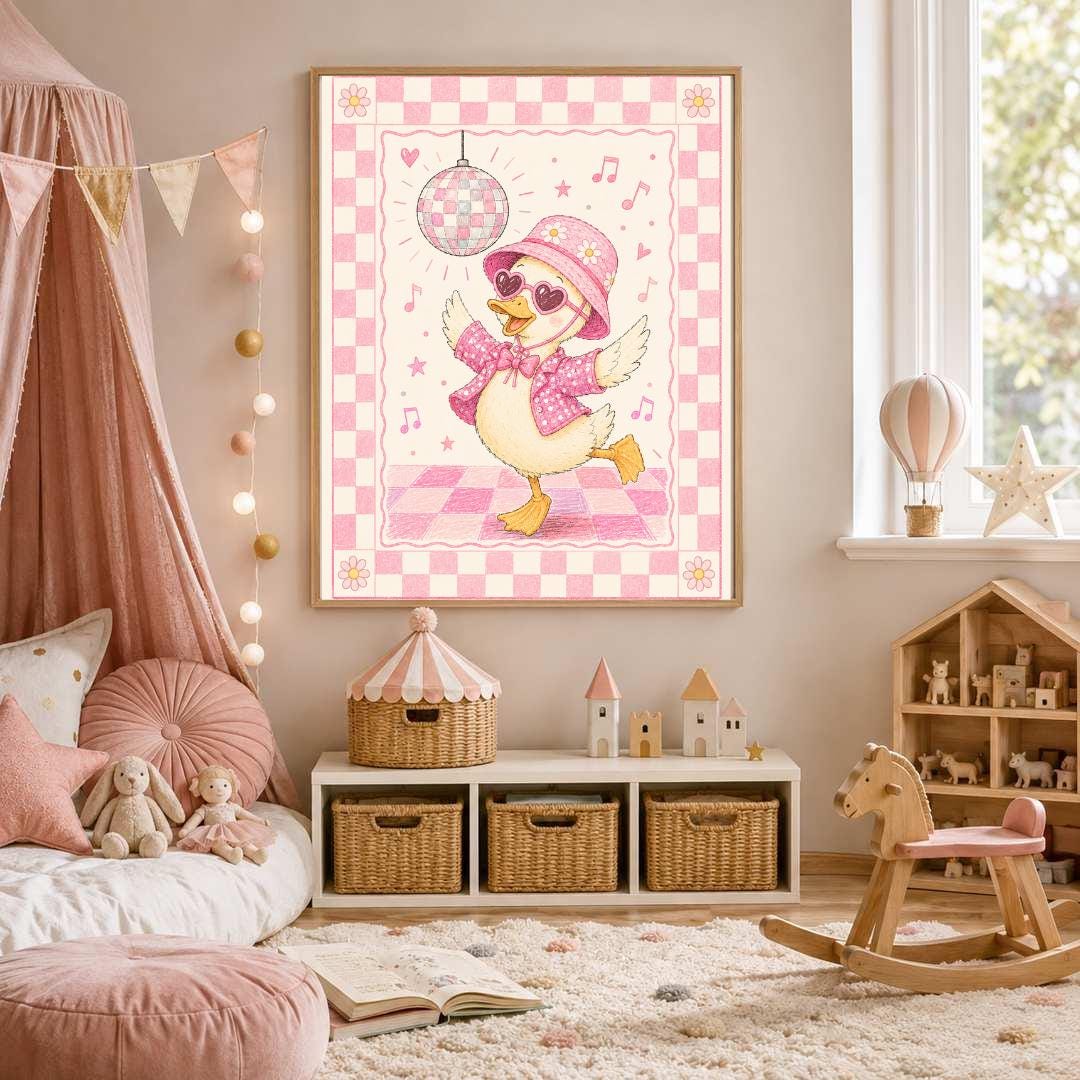 Pink Disco Duck Nursery Print, Dancing Duck Wall Art, Girls Bedroom Decor, Groovy Kids Room Print, A4 A3