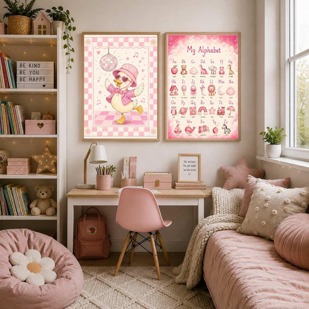 Pink Disco Duck Nursery Print, Dancing Duck Wall Art, Girls Bedroom Decor, Groovy Kids Room Print, A4 A3