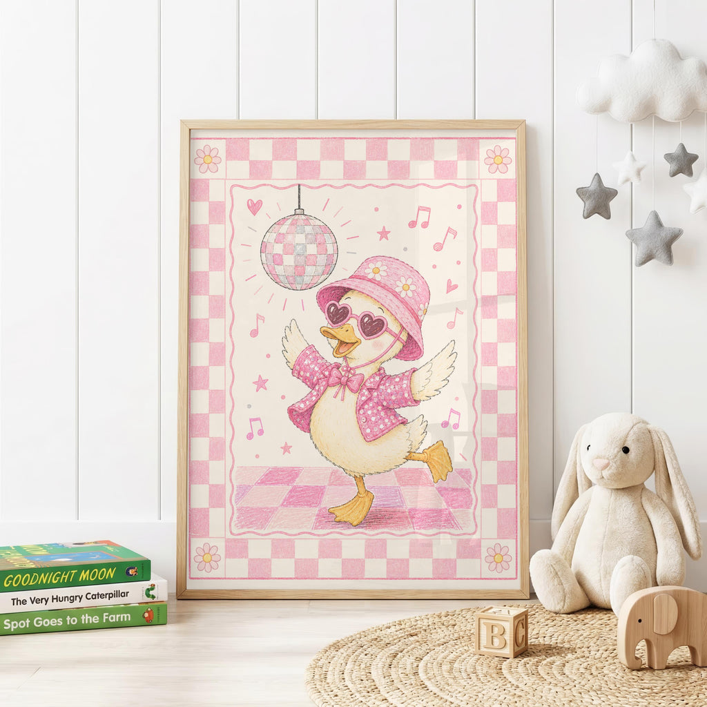 Pink disco duck children's wall print featuring a dancing duck wearing a floral pink hat, heart-shaped sunglasses and sparkly jacket beneath a disco ball, surrounded by musical notes and a soft pink checkerboard border.