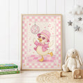 Pink disco duck children's wall print featuring a dancing duck wearing a floral pink hat, heart-shaped sunglasses and sparkly jacket beneath a disco ball, surrounded by musical notes and a soft pink checkerboard border.