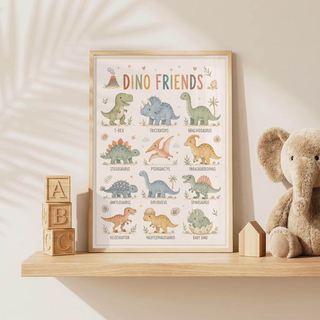 Educational dinosaur nursery print titled Dino Friends, featuring labelled illustrations of T-Rex, Triceratops, Brachiosaurus, Stegosaurus, Pterodactyl, Parasaurolophus, Ankylosaurus, Diplodocus, Spinosaurus, Velociraptor and other dinosaurs in soft neutral colours.