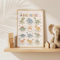 Educational dinosaur nursery print titled Dino Friends, featuring labelled illustrations of T-Rex, Triceratops, Brachiosaurus, Stegosaurus, Pterodactyl, Parasaurolophus, Ankylosaurus, Diplodocus, Spinosaurus, Velociraptor and other dinosaurs in soft neutral colours.