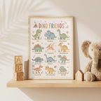 Educational dinosaur nursery print titled Dino Friends, featuring labelled illustrations of T-Rex, Triceratops, Brachiosaurus, Stegosaurus, Pterodactyl, Parasaurolophus, Ankylosaurus, Diplodocus, Spinosaurus, Velociraptor and other dinosaurs in soft neutral colours.
