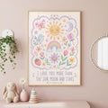 Pastel girls nursery wall print featuring the quote I love you more than the sun, moon and stars, surrounded by a smiling sun and moon, rainbow, butterfly, bird, flowers, hearts and stars.
