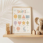 Educational shapes nursery print featuring smiling circle, square, triangle, rectangle, oval, heart, star, diamond, hexagon and crescent shapes in soft pastel colours with flowers, stars and a smiling cloud.