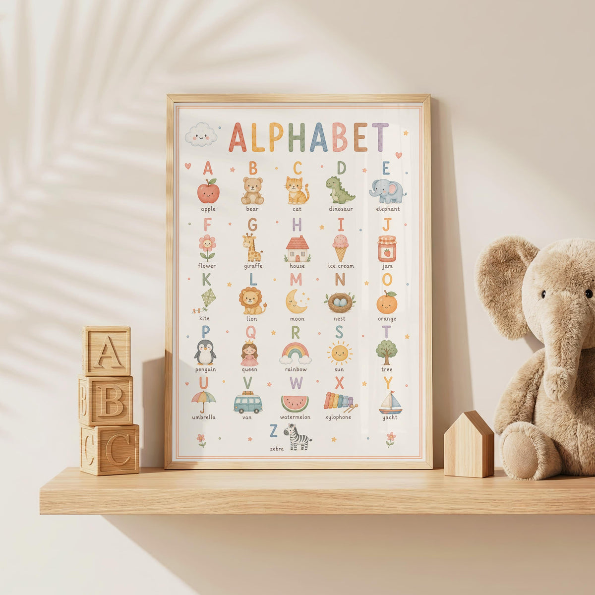 Educational alphabet nursery print featuring letters A to Z with matching illustrated animals and objects including apple, bear, cat, dinosaur, elephant, rainbow, sun, watermelon and zebra in soft pastel colours.