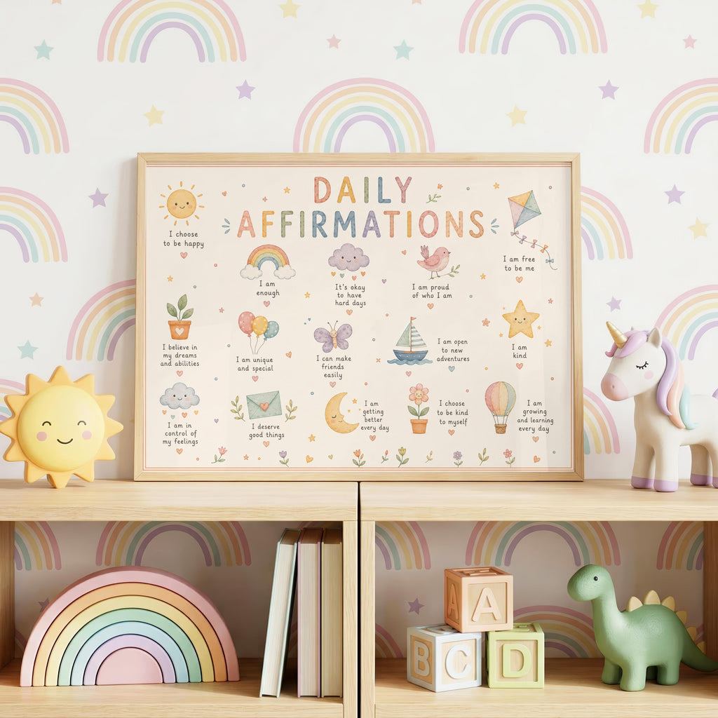 Landscape children's Daily Affirmations wall print featuring positive sayings including I am enough, I am kind, I am proud of who I am and I am growing and learning every day, with pastel rainbow, sun, cloud, kite, flowers and playful illustrations.