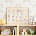 Landscape children's Daily Affirmations wall print featuring positive sayings including I am enough, I am kind, I am proud of who I am and I am growing and learning every day, with pastel rainbow, sun, cloud, kite, flowers and playful illustrations.