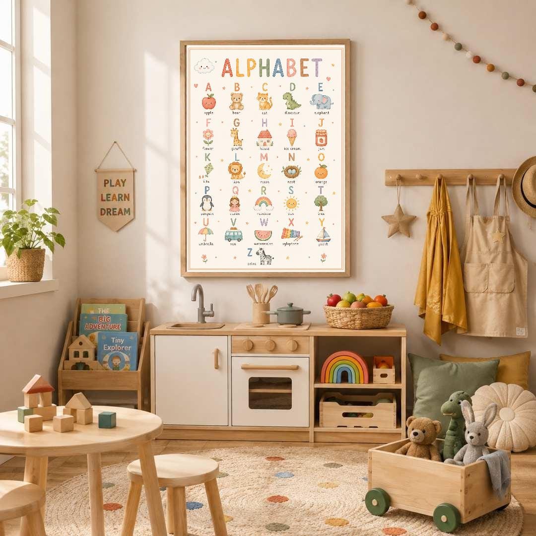 Alphabet Nursery Print, ABC Educational Wall Art, Kids Learning Poster, Preschool Playroom Decor, A4 A3