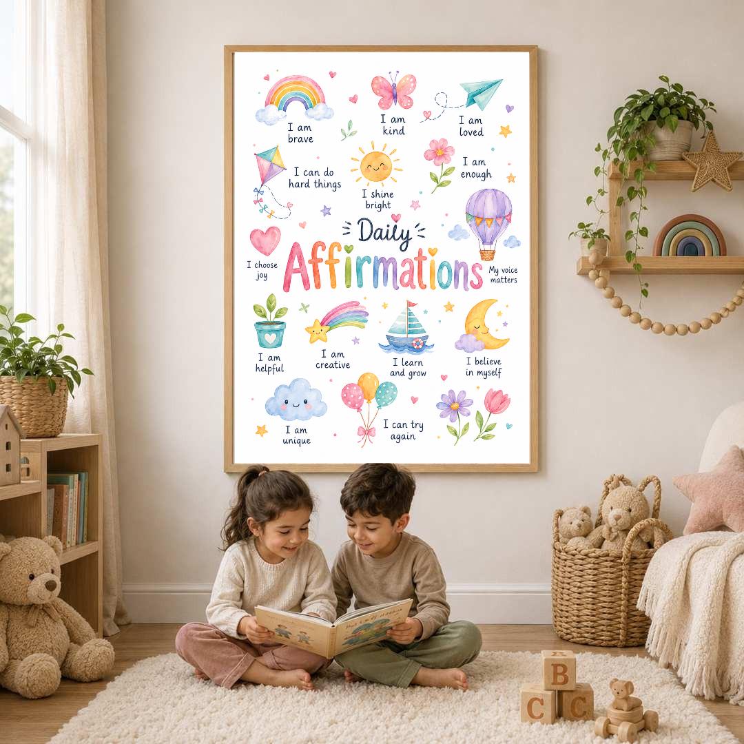 Colourful Kids Daily Affirmations Print, Positive Affirmation Wall Art, Girls Bedroom Decor, Nursery Playroom Poster, A4 A3
