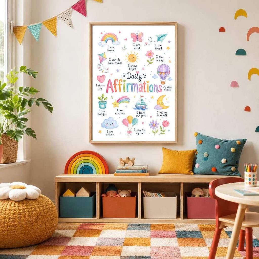 Colourful Kids Daily Affirmations Print, Positive Affirmation Wall Art, Girls Bedroom Decor, Nursery Playroom Poster, A4 A3