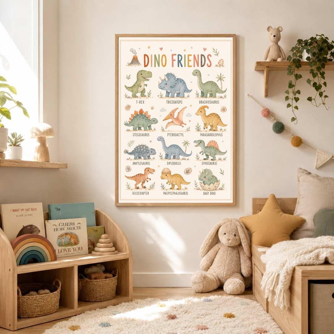 Dinosaur Nursery Print, Dino Friends Educational Wall Art, Kids Learning Poster, Boys Bedroom Decor, A4 A3