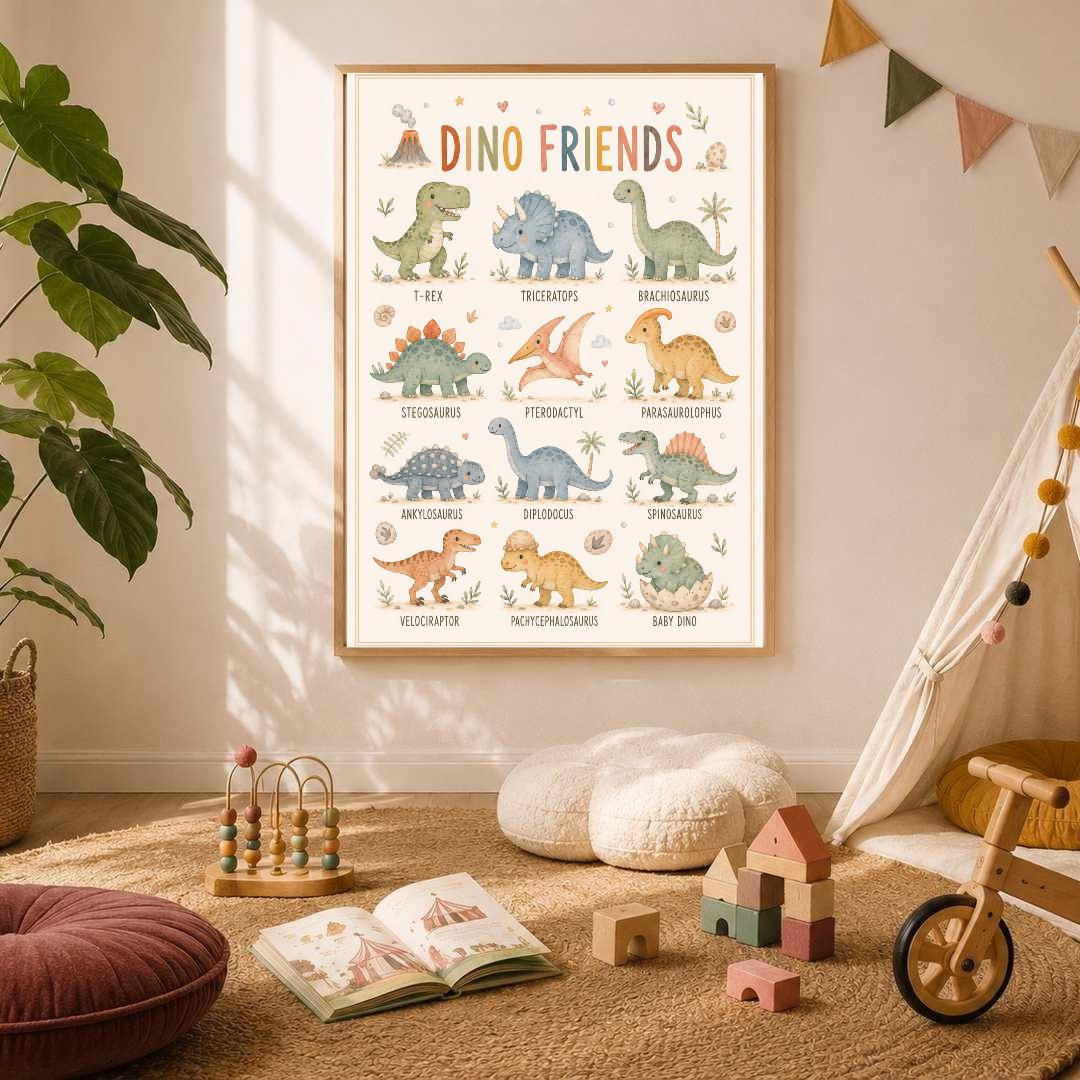 Dinosaur Nursery Print, Dino Friends Educational Wall Art, Kids Learning Poster, Boys Bedroom Decor, A4 A3