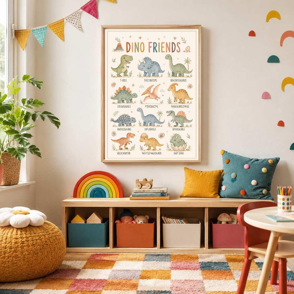 Dinosaur Nursery Print, Dino Friends Educational Wall Art, Kids Learning Poster, Boys Bedroom Decor, A4 A3