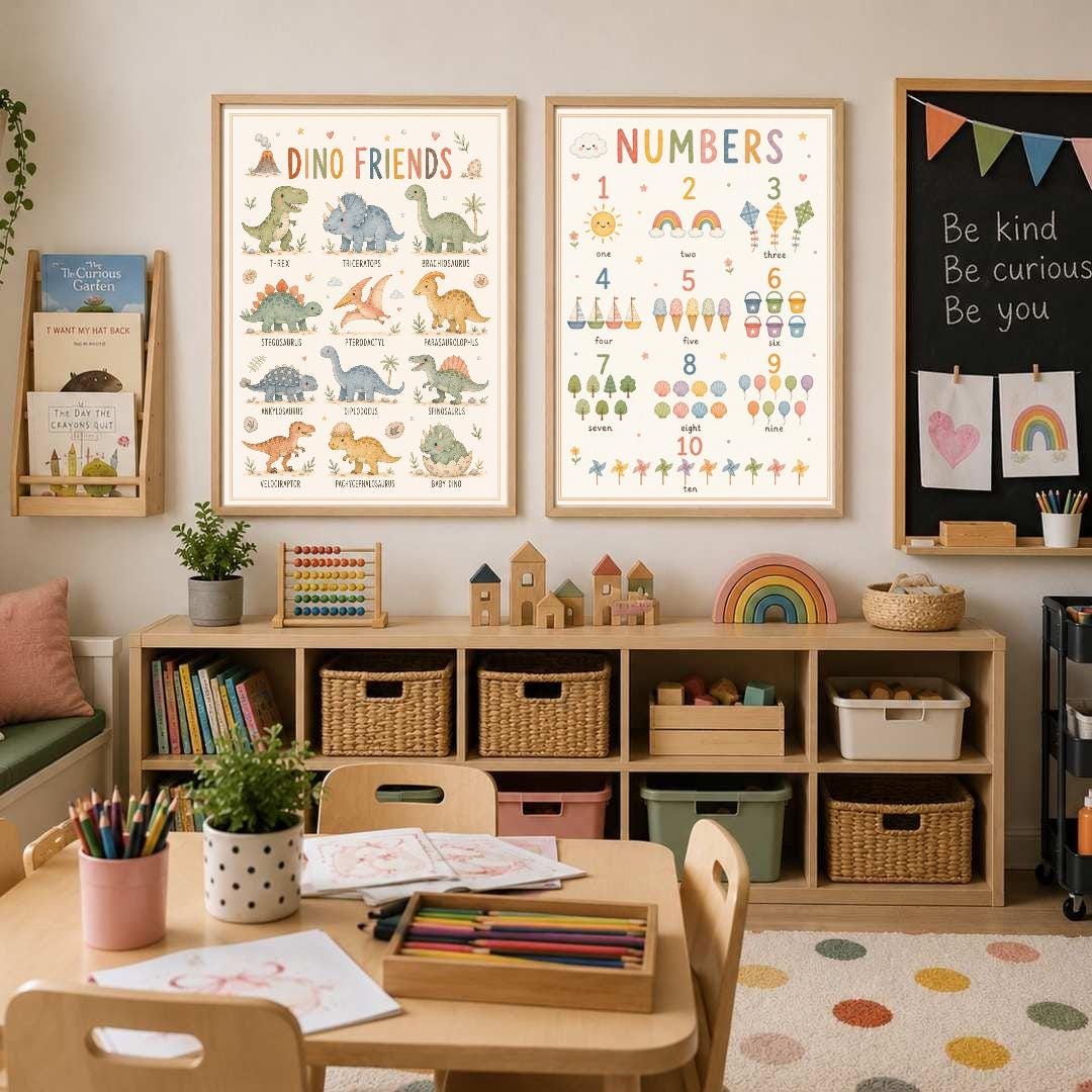 Dinosaur Nursery Print, Dino Friends Educational Wall Art, Kids Learning Poster, Boys Bedroom Decor, A4 A3