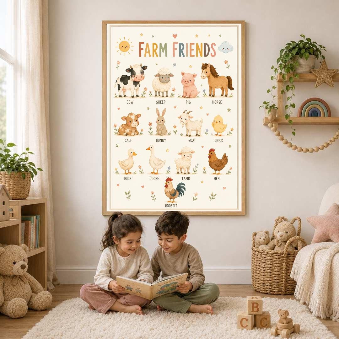 Farm Animals Nursery Print, Educational Kids Wall Art, Farm Friends Poster, Animal Learning Print, Playroom Decor, A4 A3