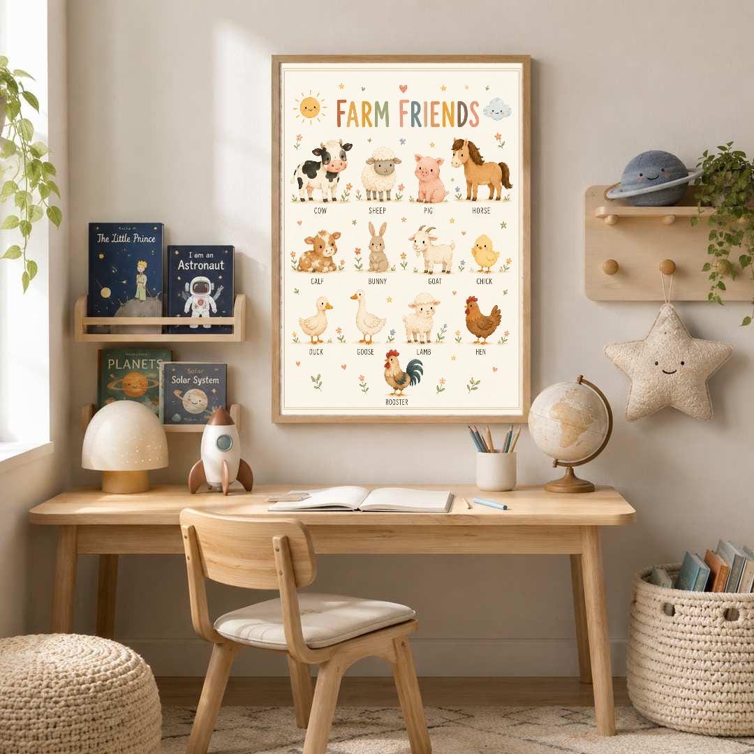 Farm Animals Nursery Print, Educational Kids Wall Art, Farm Friends Poster, Animal Learning Print, Playroom Decor, A4 A3