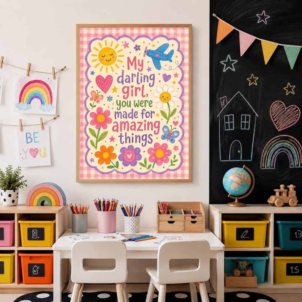 Girls Nursery Quote Print, My Darling Girl Wall Art, Positive Kids Bedroom Decor, Colourful Floral Nursery Print, A4 A3