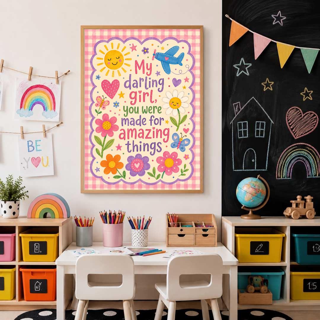 Girls Nursery Quote Print, My Darling Girl Wall Art, Positive Kids Bedroom Decor, Colourful Floral Nursery Print, A4 A3