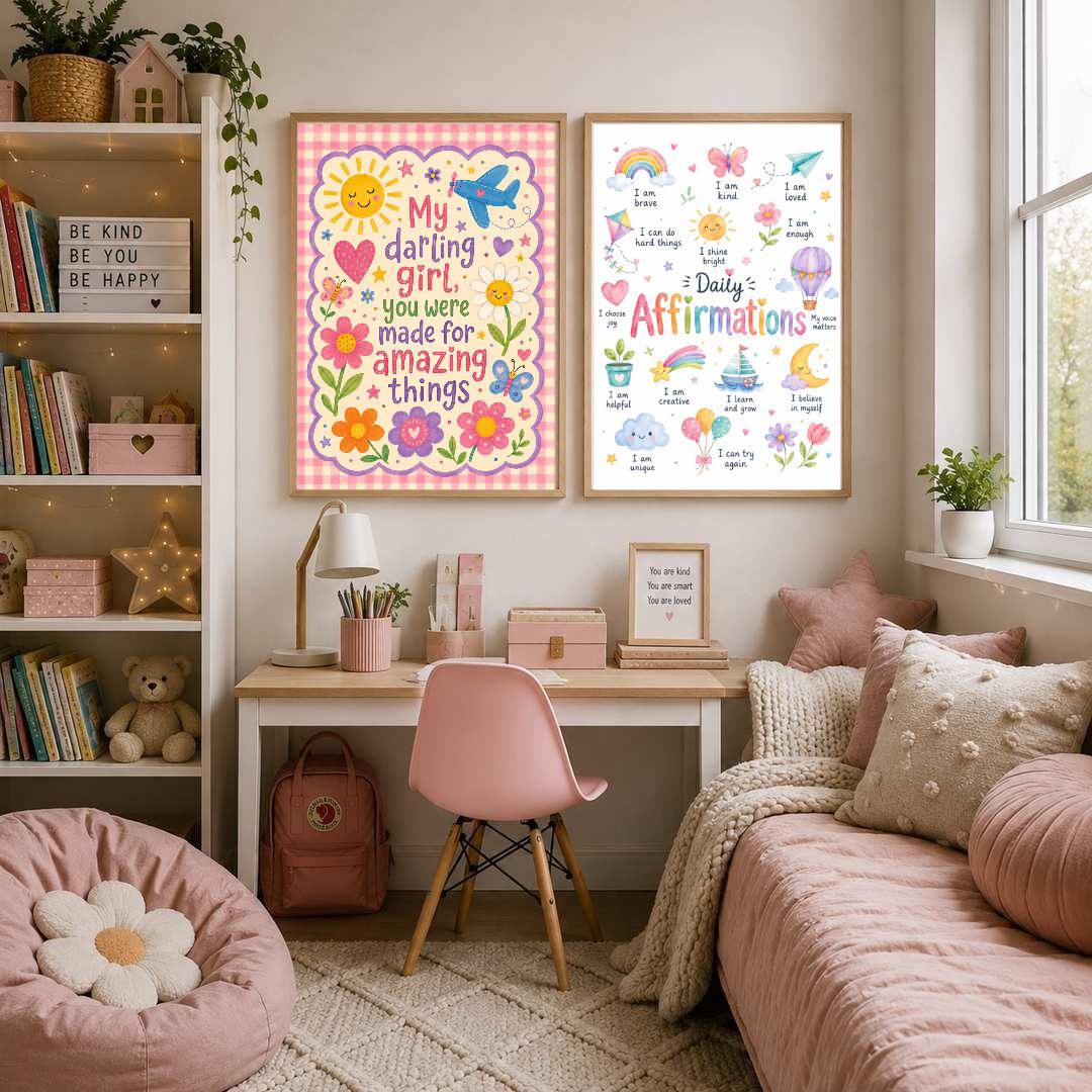 Girls Nursery Quote Print, My Darling Girl Wall Art, Positive Kids Bedroom Decor, Colourful Floral Nursery Print, A4 A3