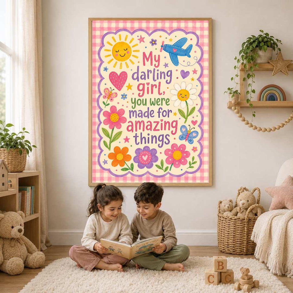 Girls Nursery Quote Print, My Darling Girl Wall Art, Positive Kids Bedroom Decor, Colourful Floral Nursery Print, A4 A3